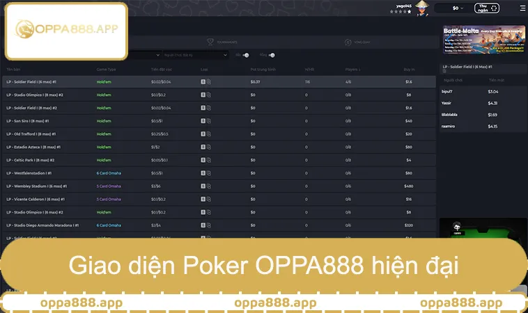 Poker OPPA888 1 Giao diện Poker OPPA888 hiện đại và minh bạch