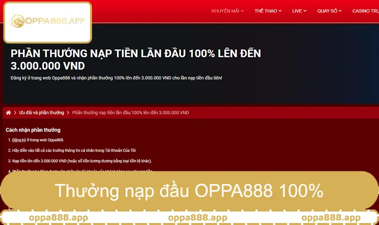 Thưởng nạp đầu OPPA888 100 phần trăm, ưu đãi đăng ký